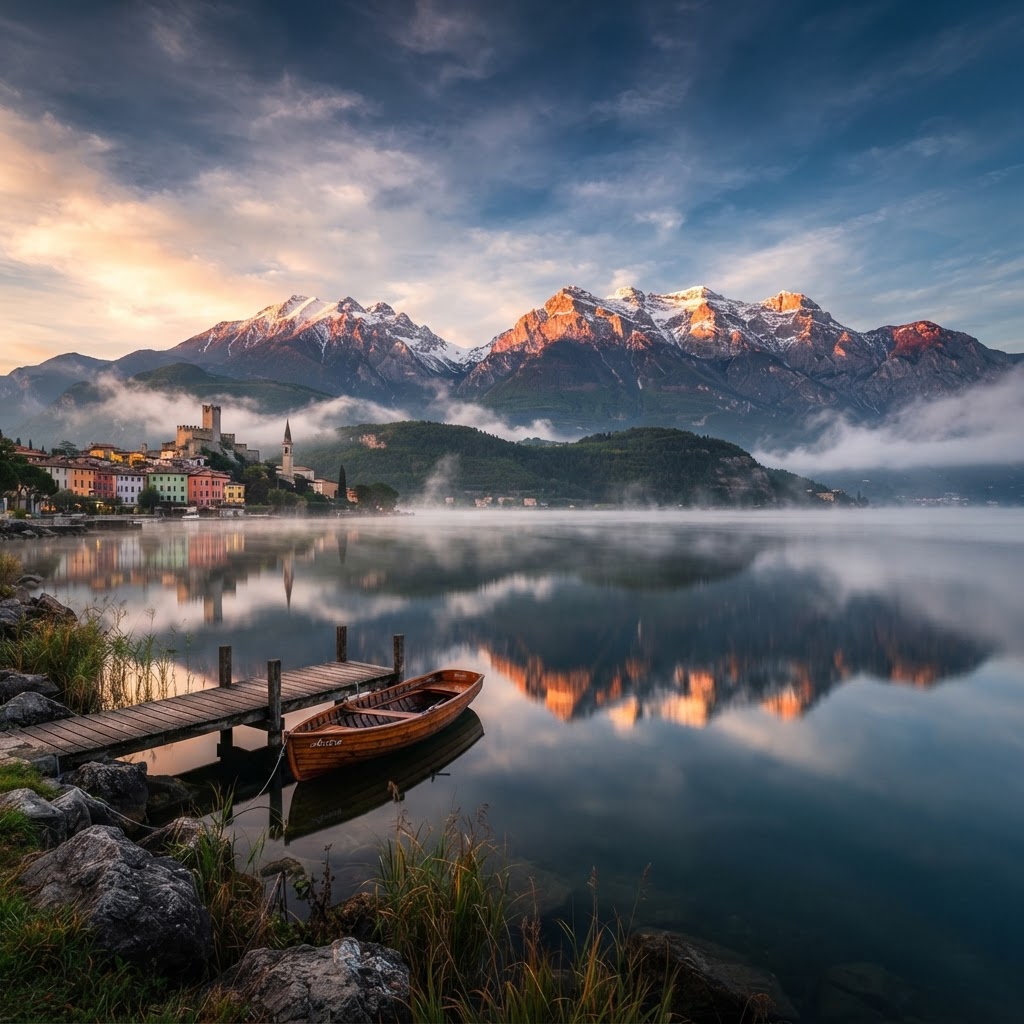 Early morning mist creates a mystical atmosphere over Lake Garda.