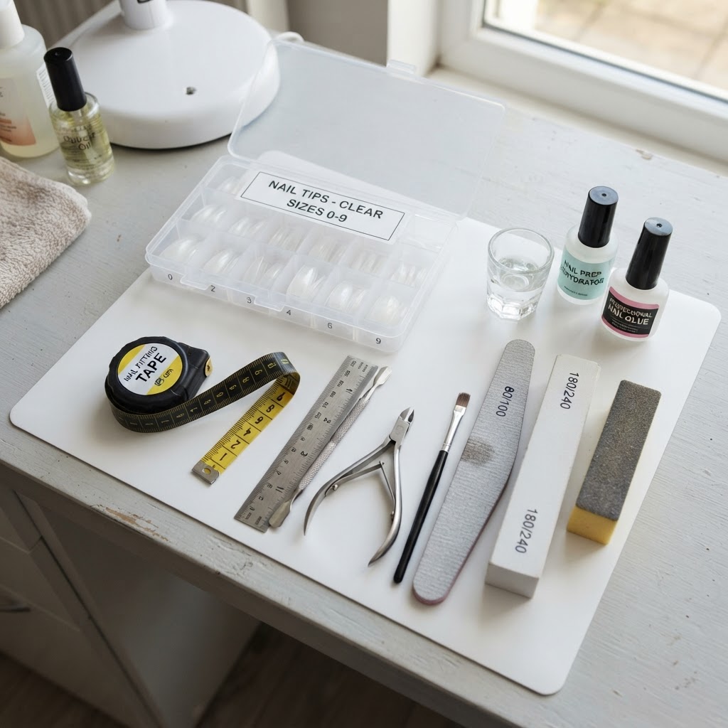 Essential tools for customizing your nail tips for a professional, flush fit.