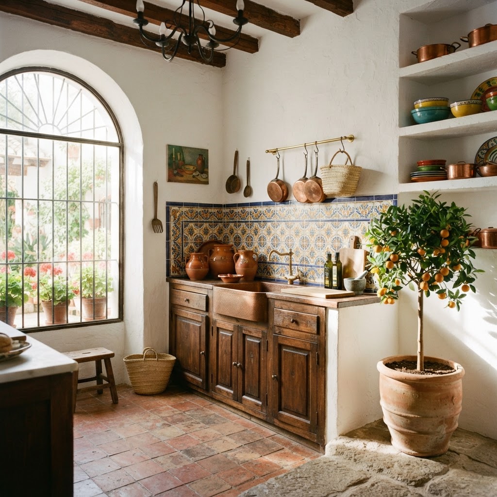 A modern interpretation of the Spanish aesthetic in a home setting.
