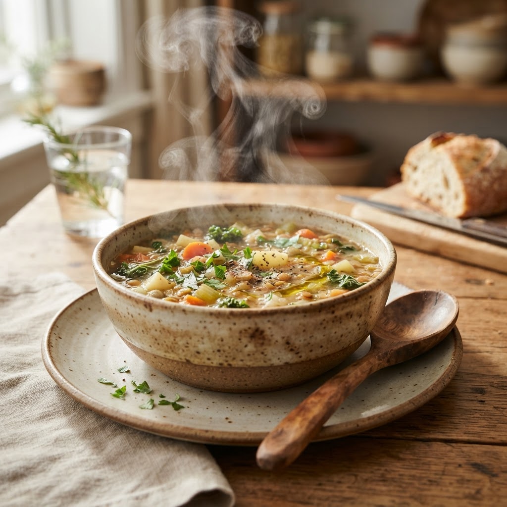 Enjoying a warm, comforting bowl of homemade soup.