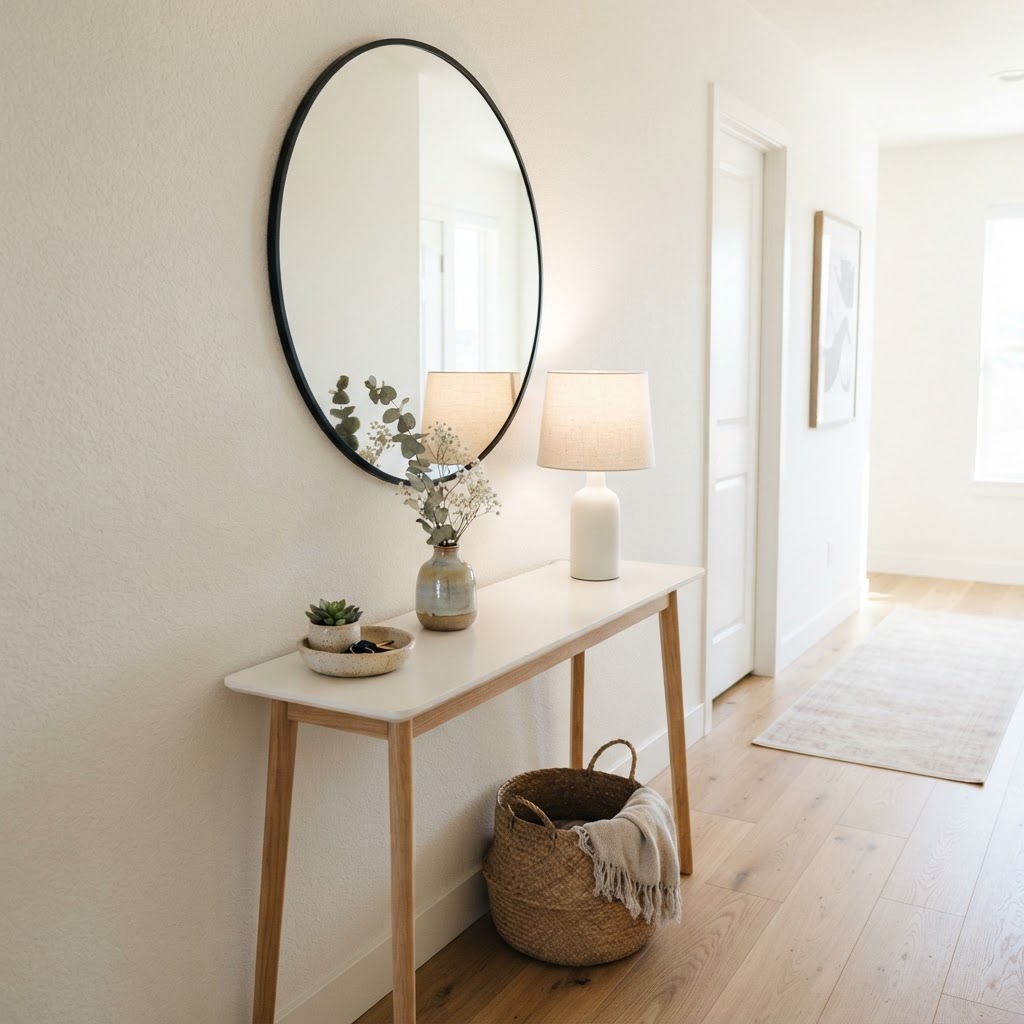 Use slim furniture and mirrors to enhance the feeling of space in a narrow entryway.