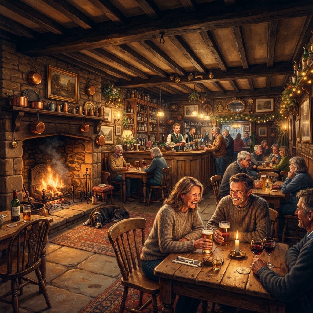 A warm and inviting pub interior, perfect for cooling off in autumn.