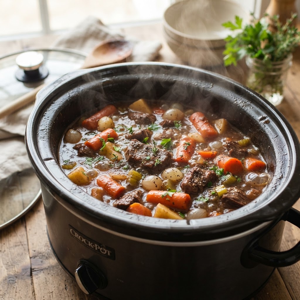 The rich, savory broth of a slow-cooked beef stew bubbling in the crockpot.