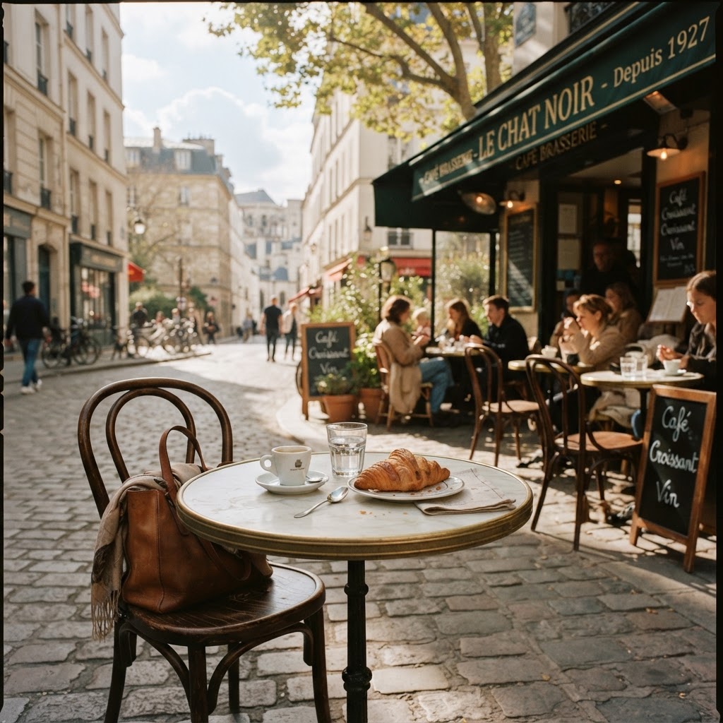 The quintessential Parisian café experience begins with a quiet morning ritual.