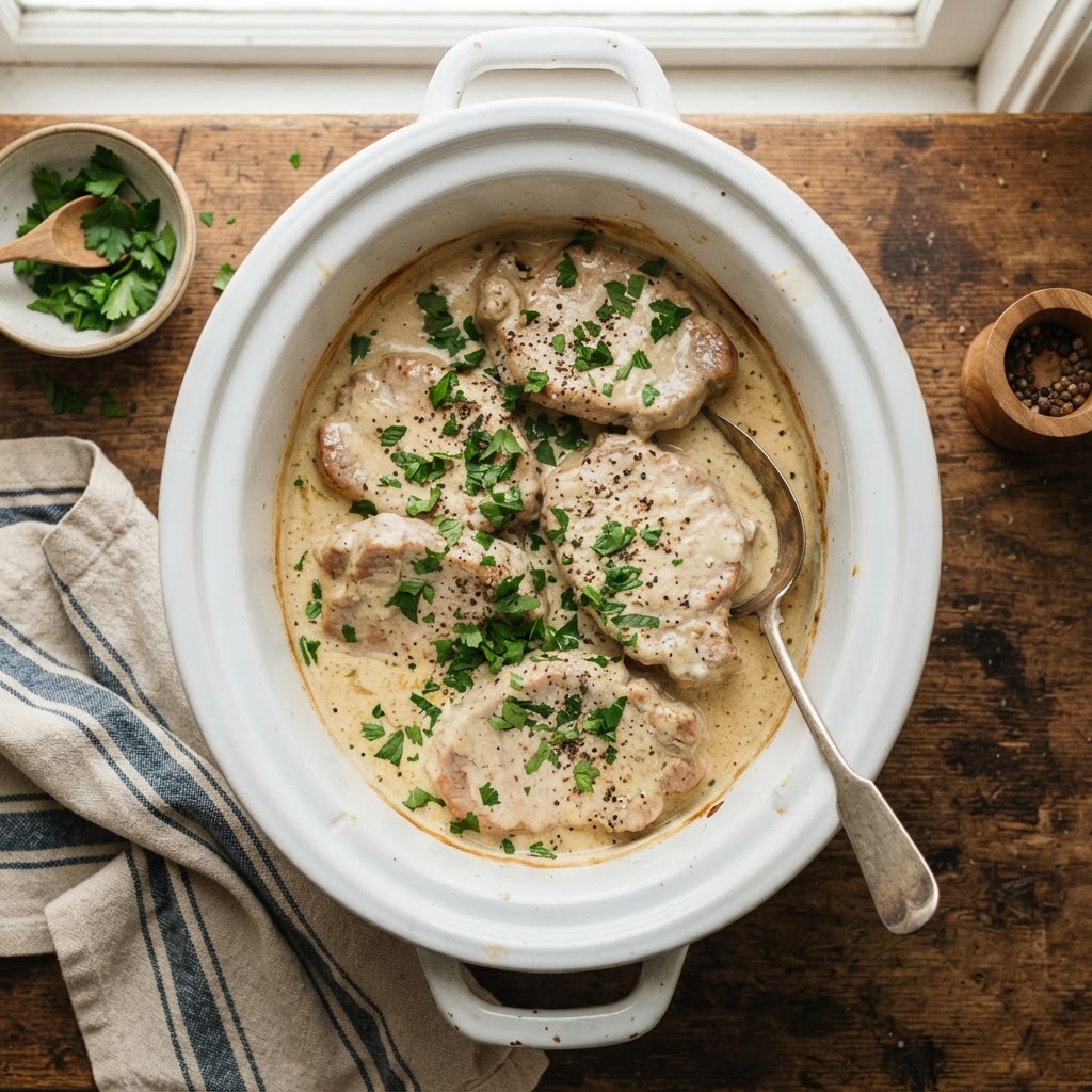 Creamy ranch slow cooker pork chops fresh from the pot.