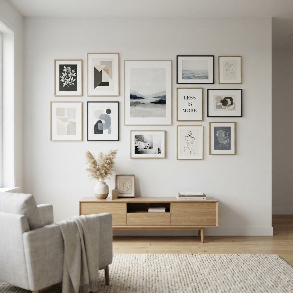 A gallery wall held up entirely by adhesive strips.