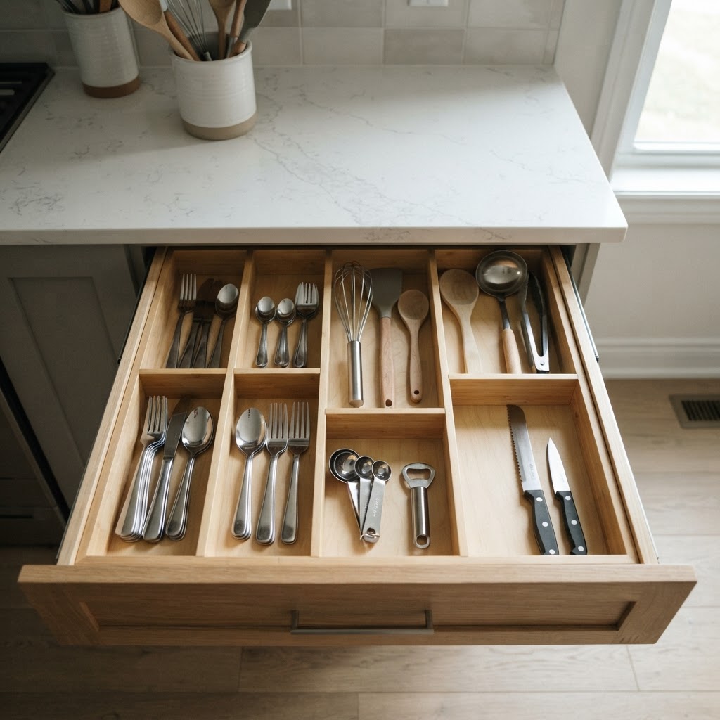 Drawer organizers keep utensils and flatware perfectly sorted.
