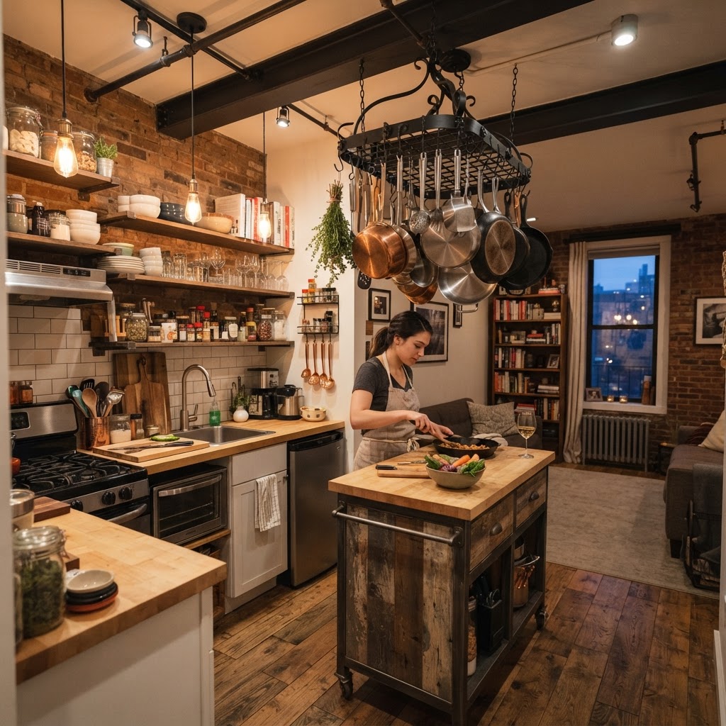A ceiling pot rack frees up valuable cabinet space for other kitchen essentials.