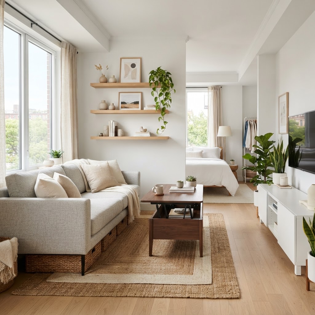 Utilizing vertical wall space and multifunctional furniture is key to small apartment storage.