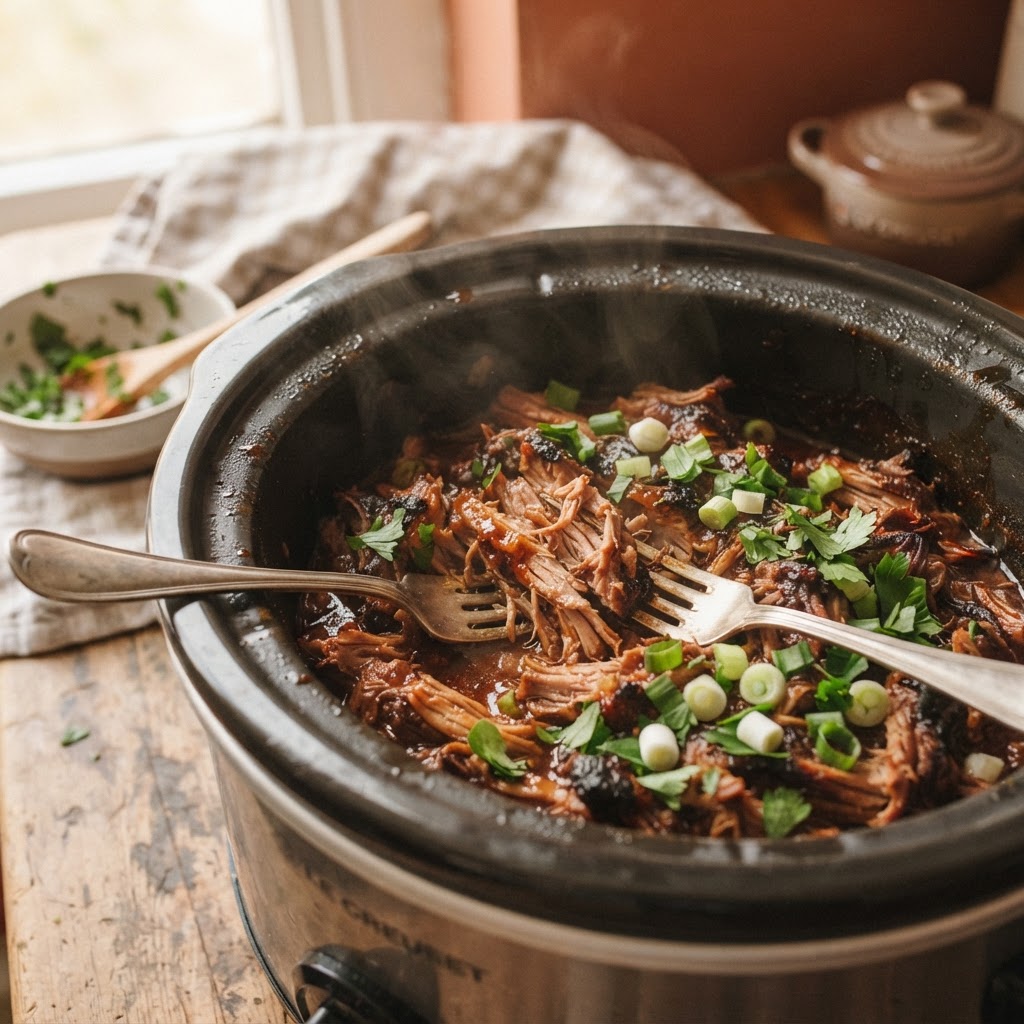 Perfectly tender slow-cooked pork ready to serve.