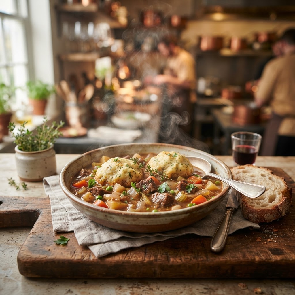 Hearty beef stew with fluffy dumplings for a cozy winter dinner.