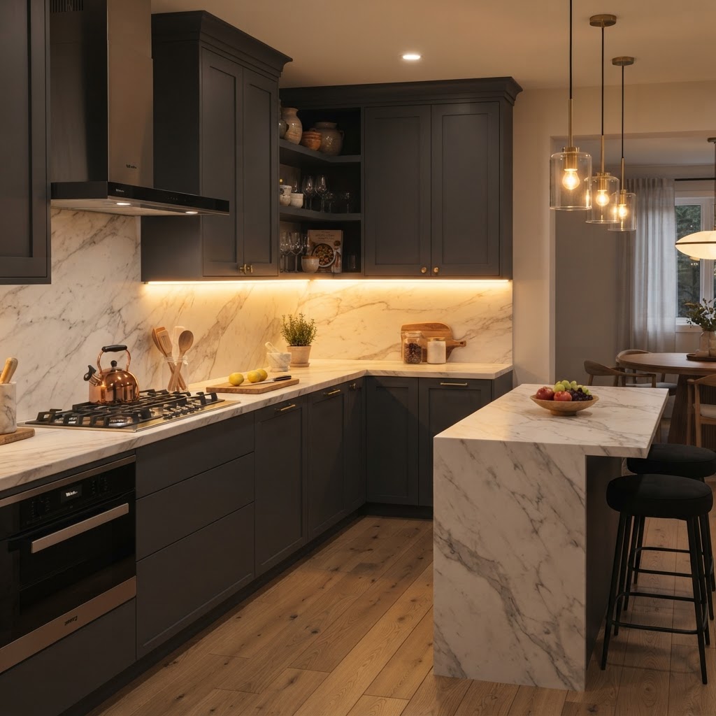Undercabinet LED lighting adds a touch of high-end architectural detail to the kitchen.