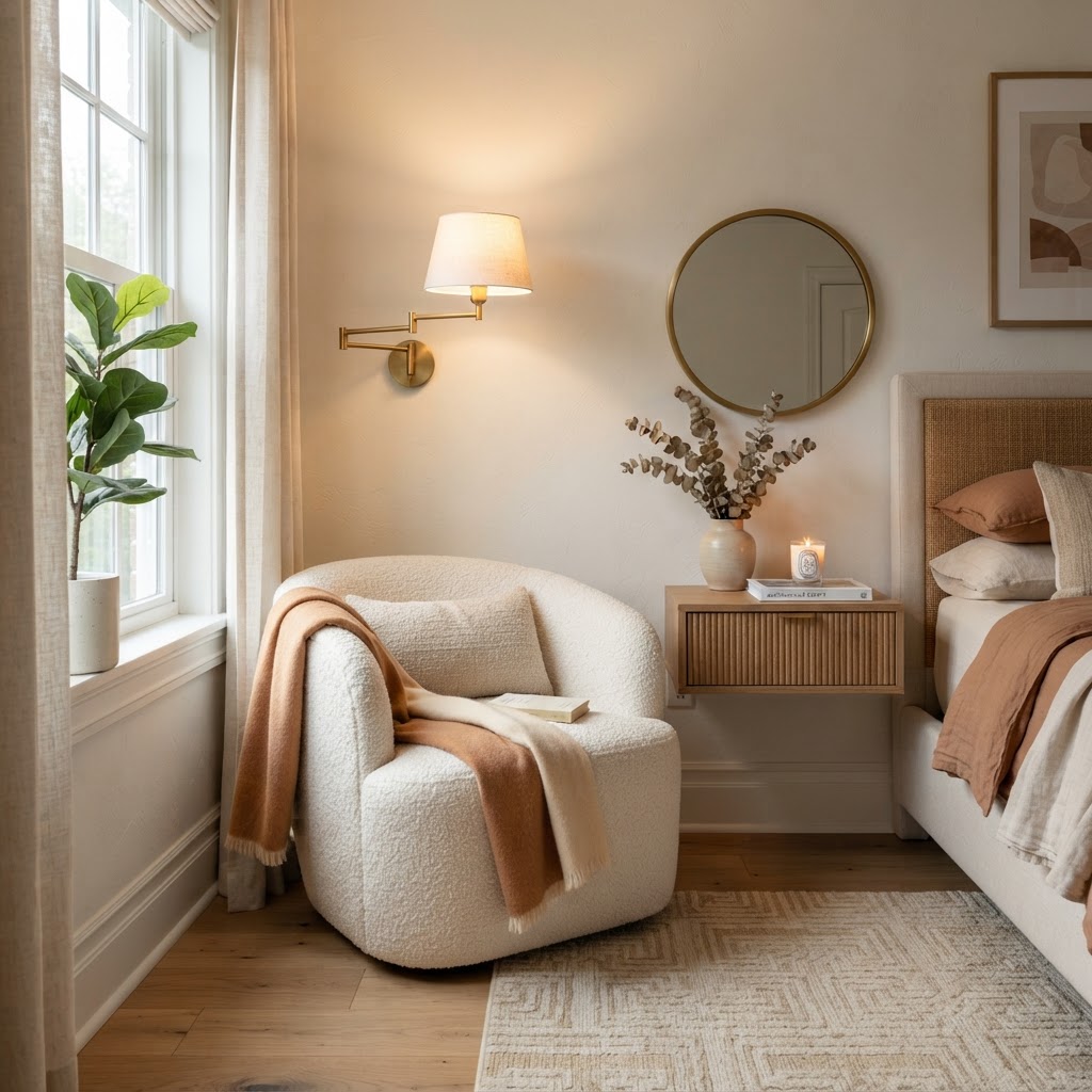 Layered lighting and textures add warmth to a small footprint.