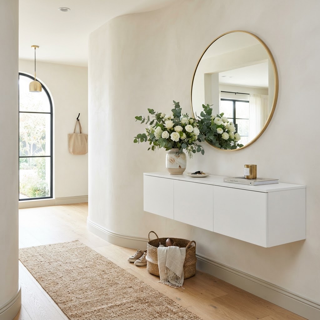A floating console maximizes floor space while adding style to a curved wall.