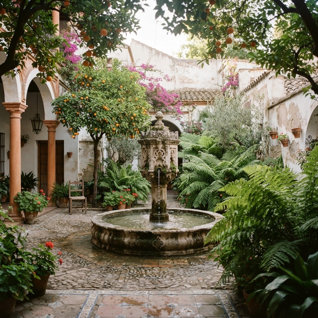 A tranquil fountain surrounded by lush greenery in a hidden oasis.
