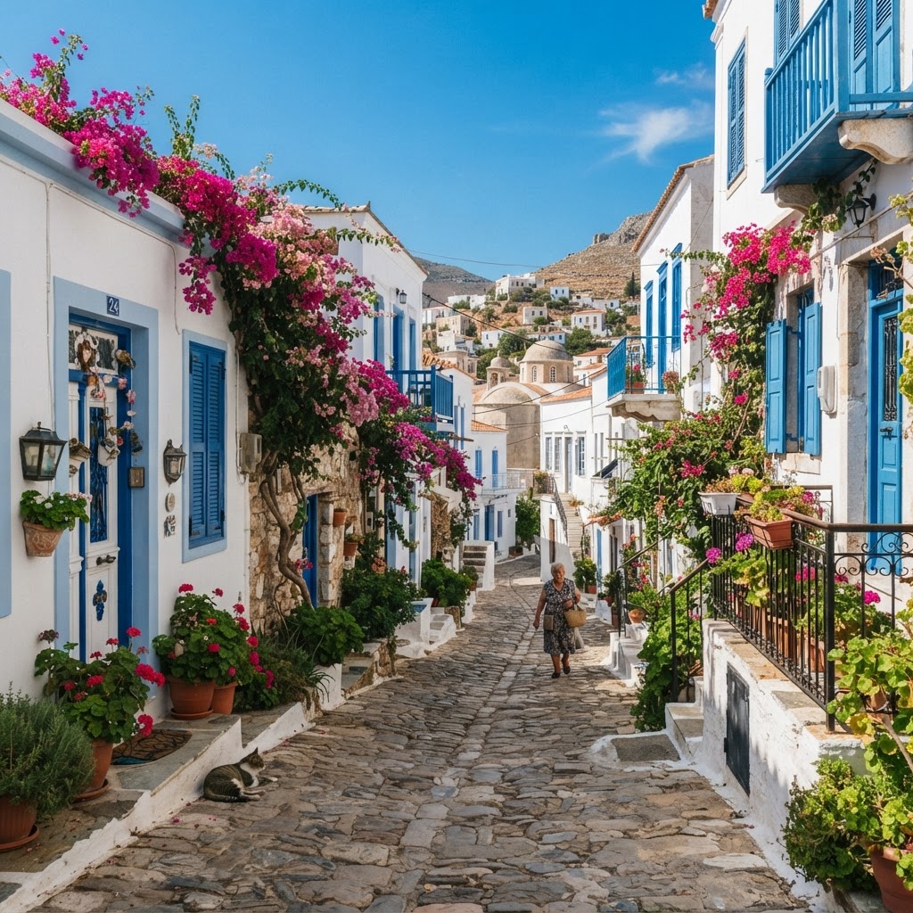 The winding, charming streets of a timeless Greek village.