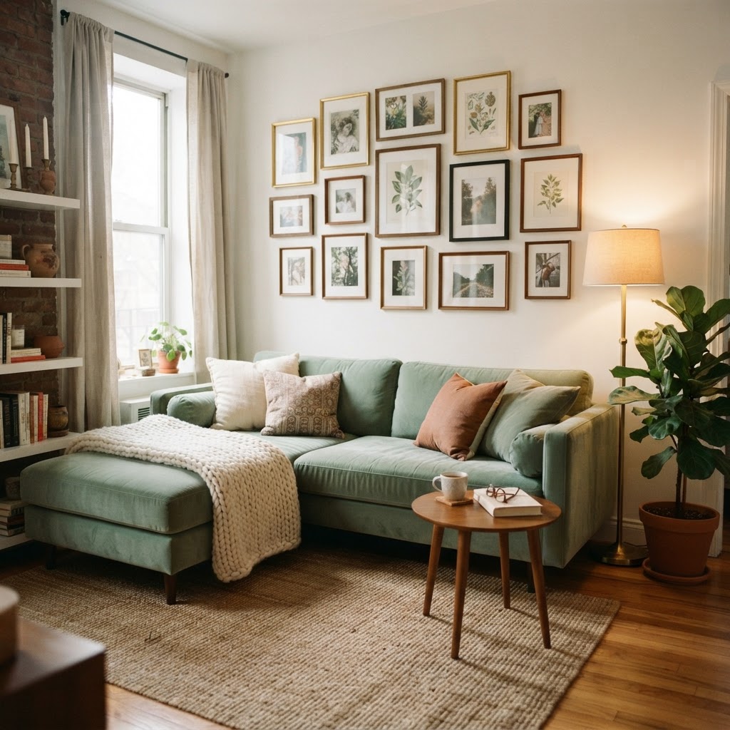 A velvet chaise sectional adds luxury to a compact footprint.