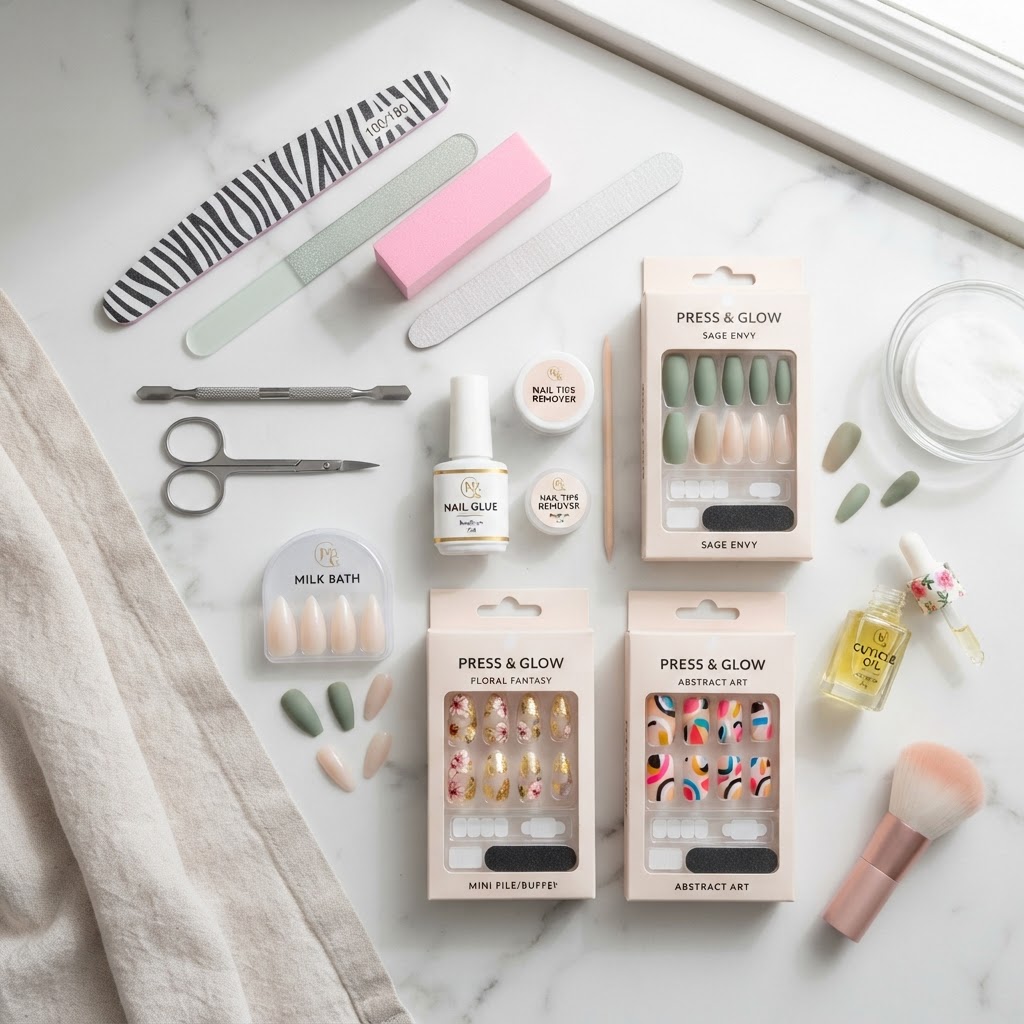 Essential tools for a perfect DIY press-on manicure.