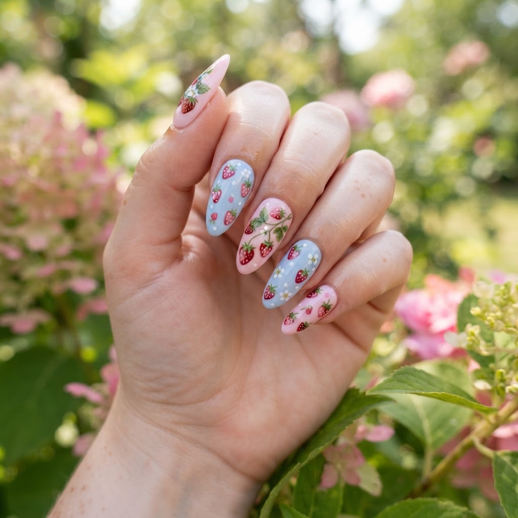 Pastel strawberry nails with a summer garden aesthetic.