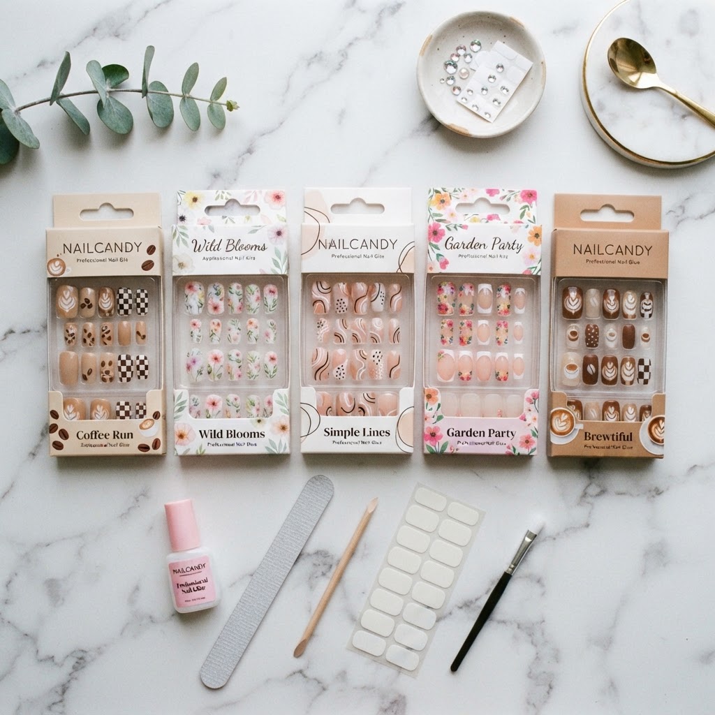 A variety of reusable press-on nail styles ready for your next manicure.