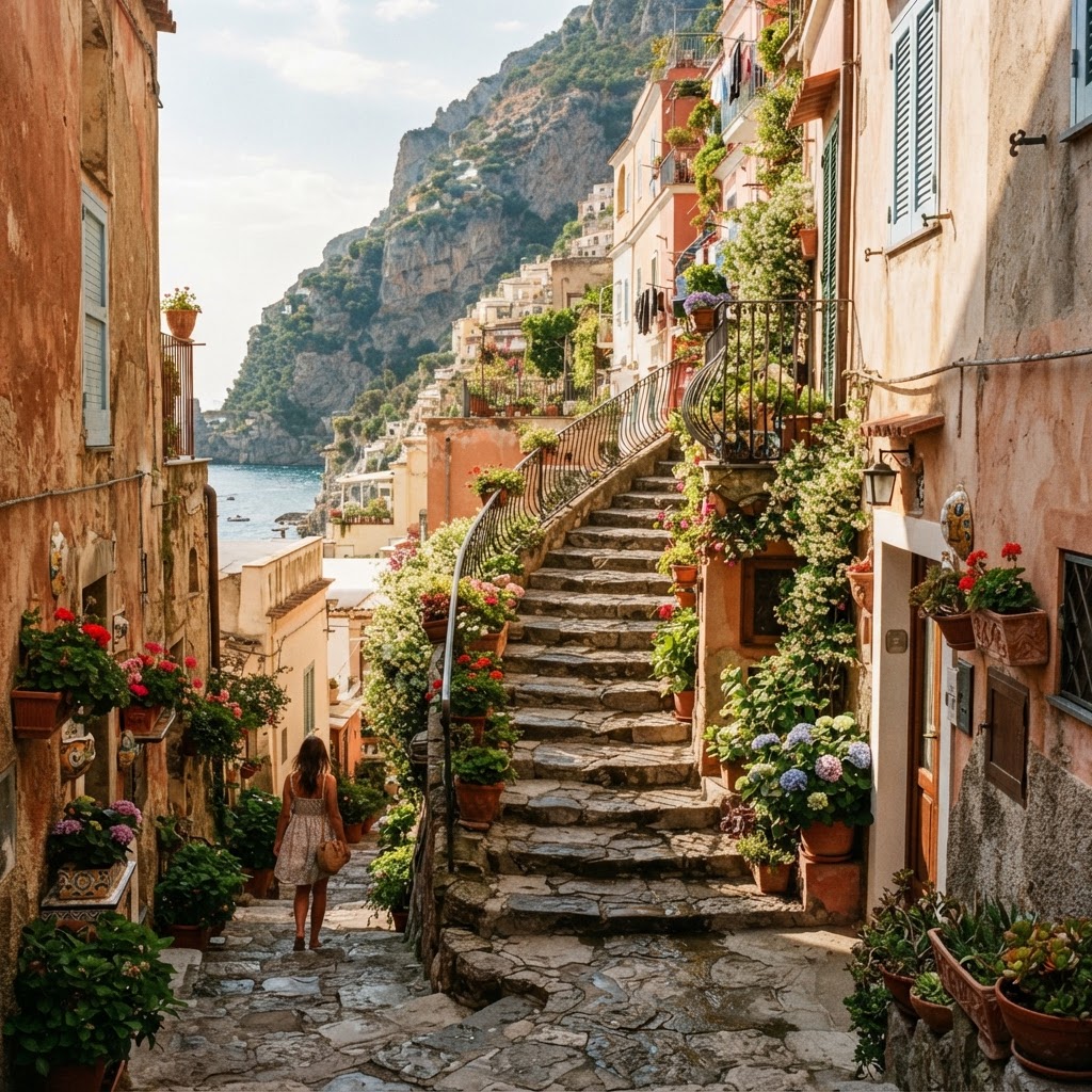 Positano Cliffs: A Masterpiece of Coastal Beauty 3 Narrow staircases weave through the cliffside, integrating nature with classic Italian architecture.
