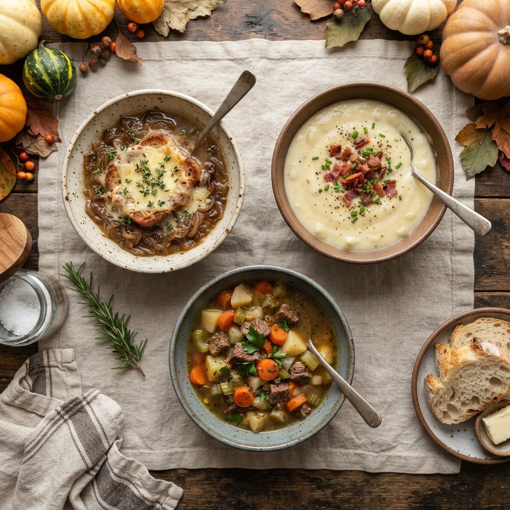 A beautiful spread of various hearty slow cooker soups for autumn.