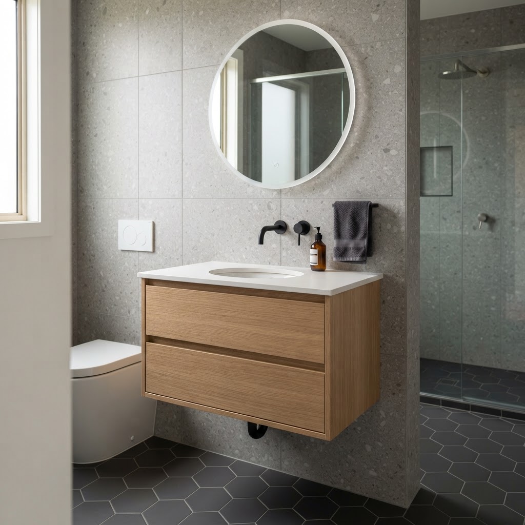 Floating vanities free up floor space, making the entire room appear larger.