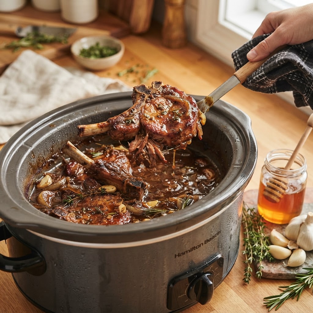 Tender, slow-cooked pork chops coated in a flavorful glaze.