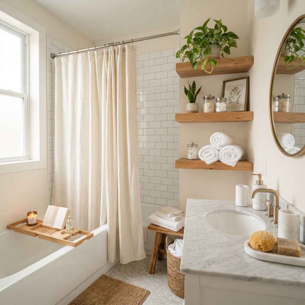 A few intentional accessories can turn a standard rental bathroom into a private spa.