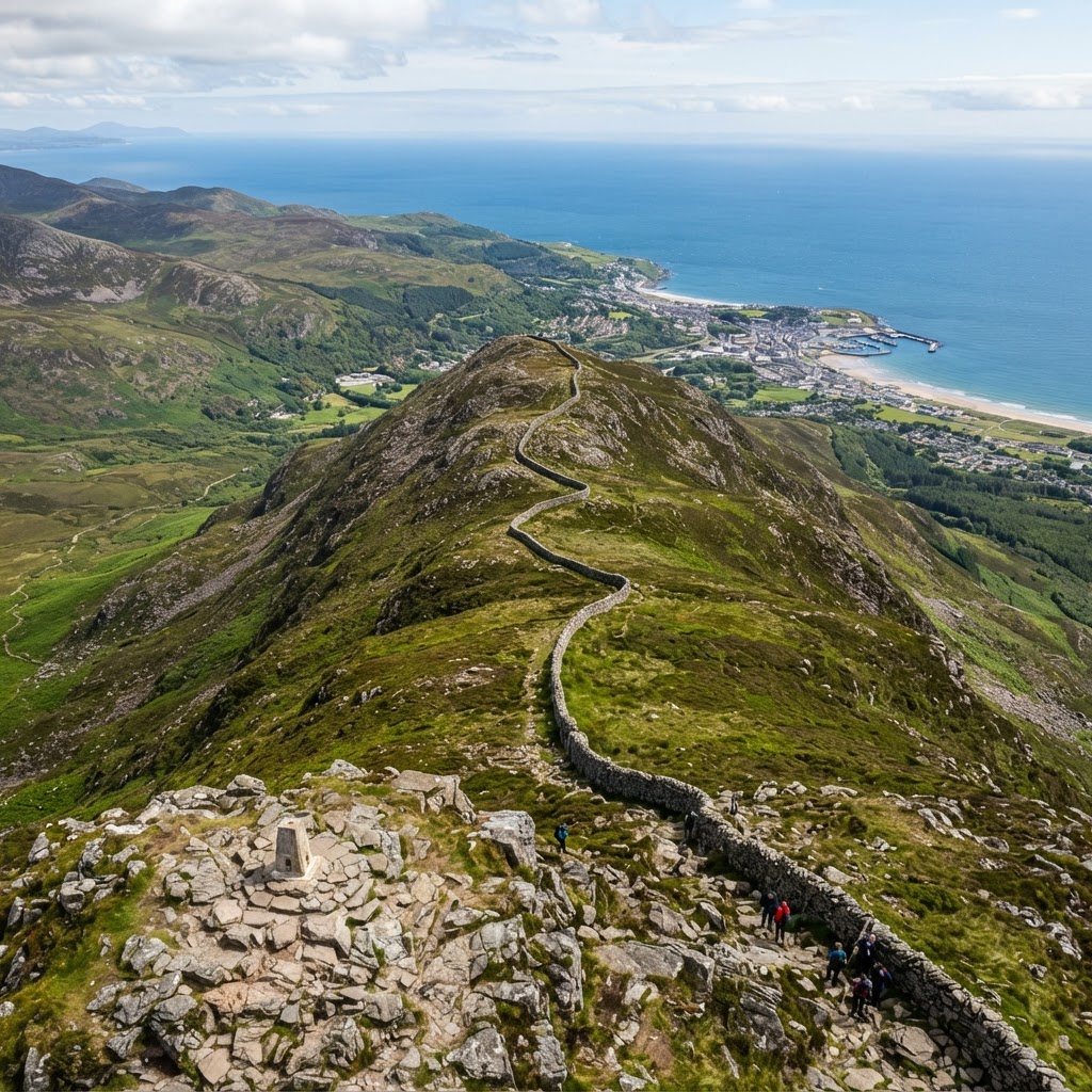 The summit of Slieve Donard offers unparalleled views of the Irish coastline and the historic stone walls of the Mournes.