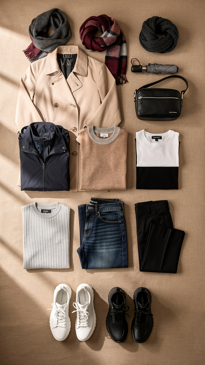 A well-curated travel wardrobe focuses on versatile layers and neutral colors that work for any occasion.