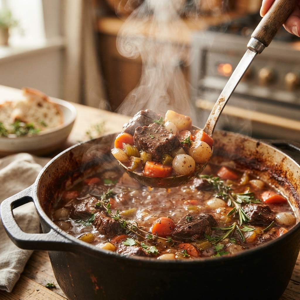 Tender beef chunks and fresh vegetables in a savory gravy.