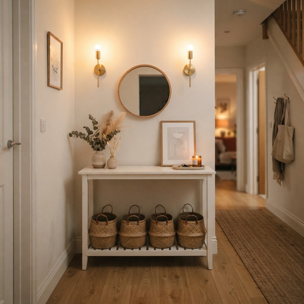 Warm lighting and clever storage create a welcoming entrance.