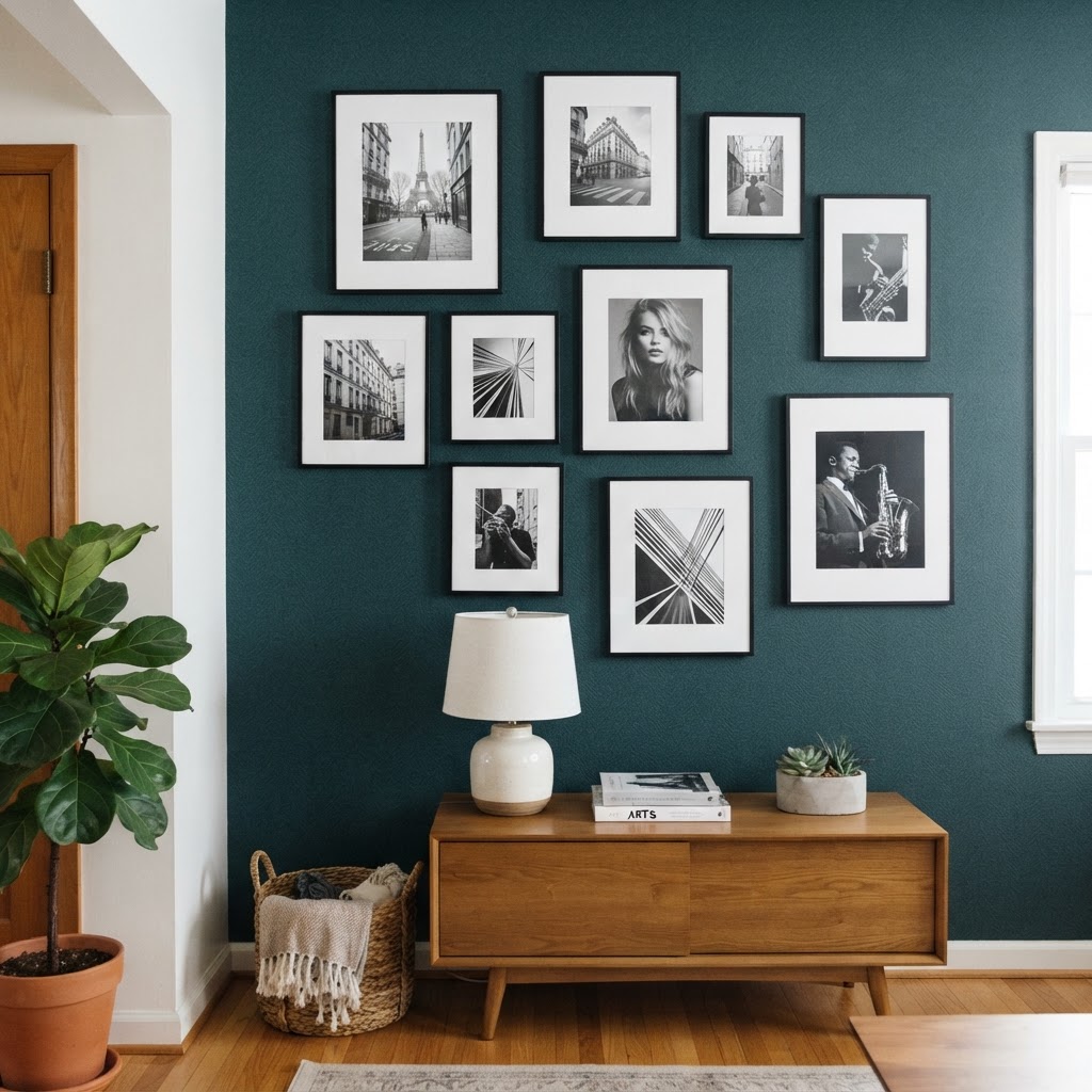 A renter-friendly gallery wall using no-drill adhesive mounting.