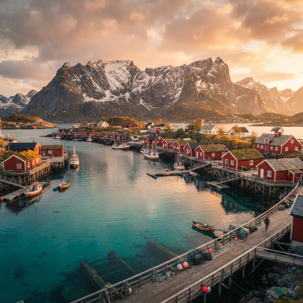 The iconic red cabins of Lofoten nestled between the mountains and the sea.