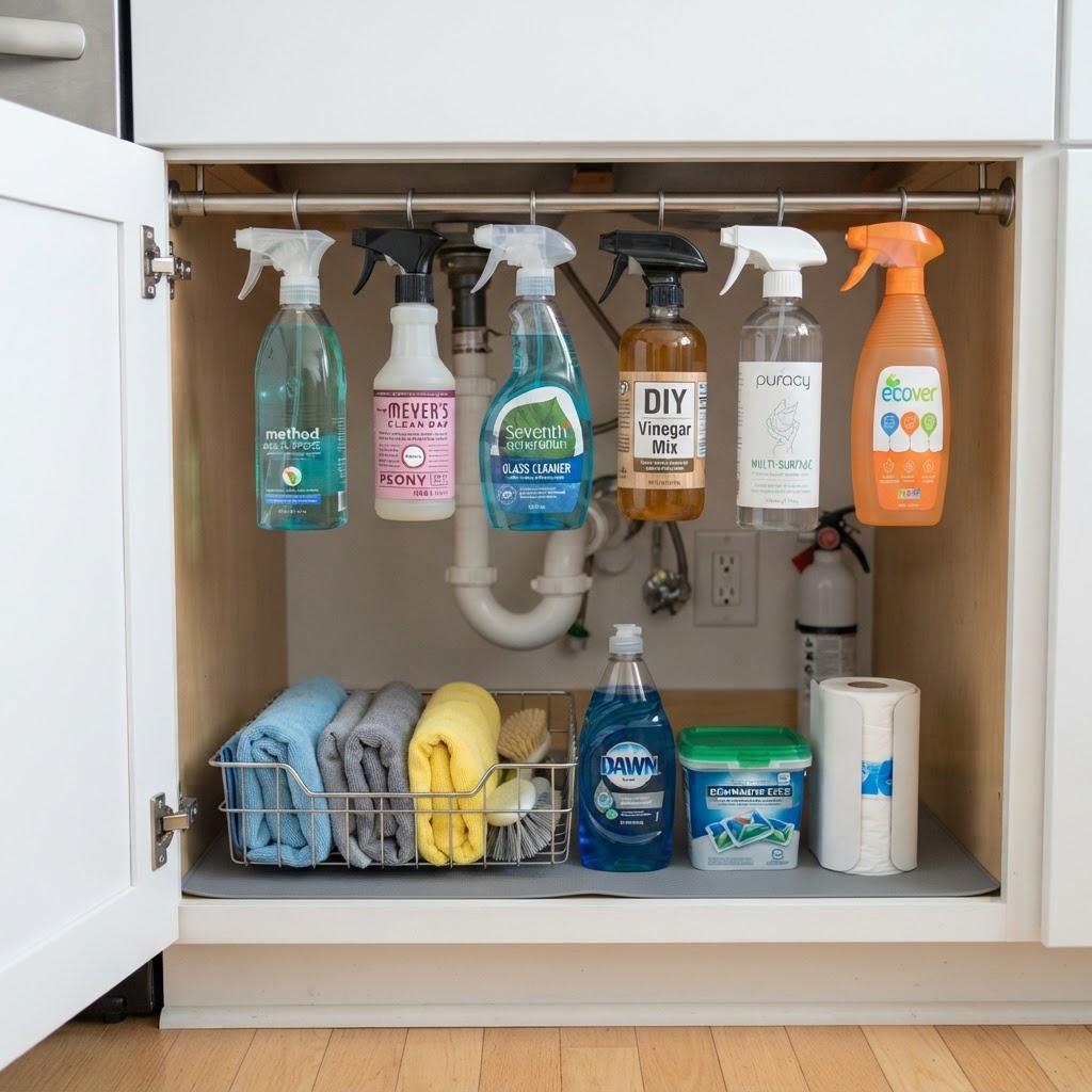 Keep kitchen cabinets tidy by hanging spray bottles on a rod.