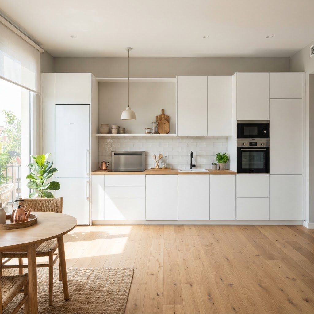 White, floor-to-ceiling cabinets create the illusion of height and space.