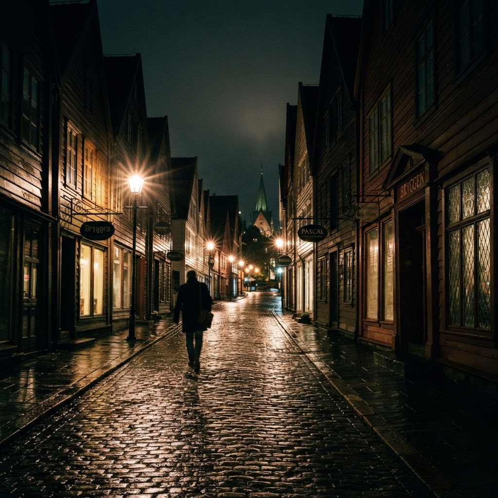 Quiet, atmospheric streets define the charm of Bergen after dark.