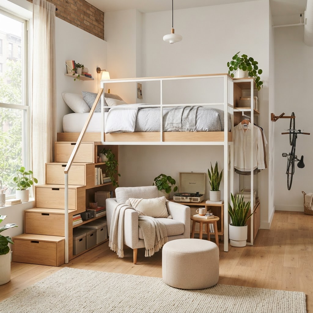 Loft beds are a perfect solution for maximizing square footage in studios.