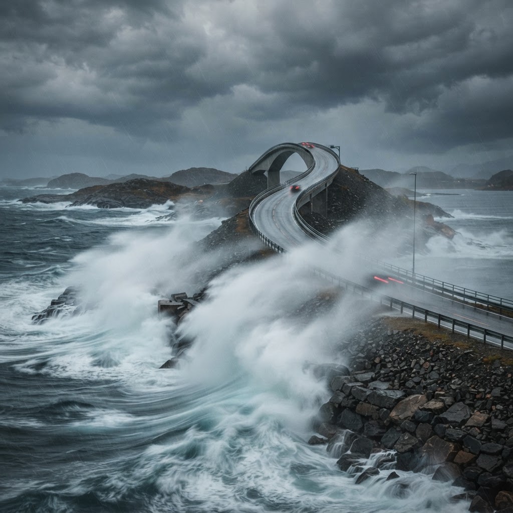 The powerful North Atlantic waves crashing over the road.