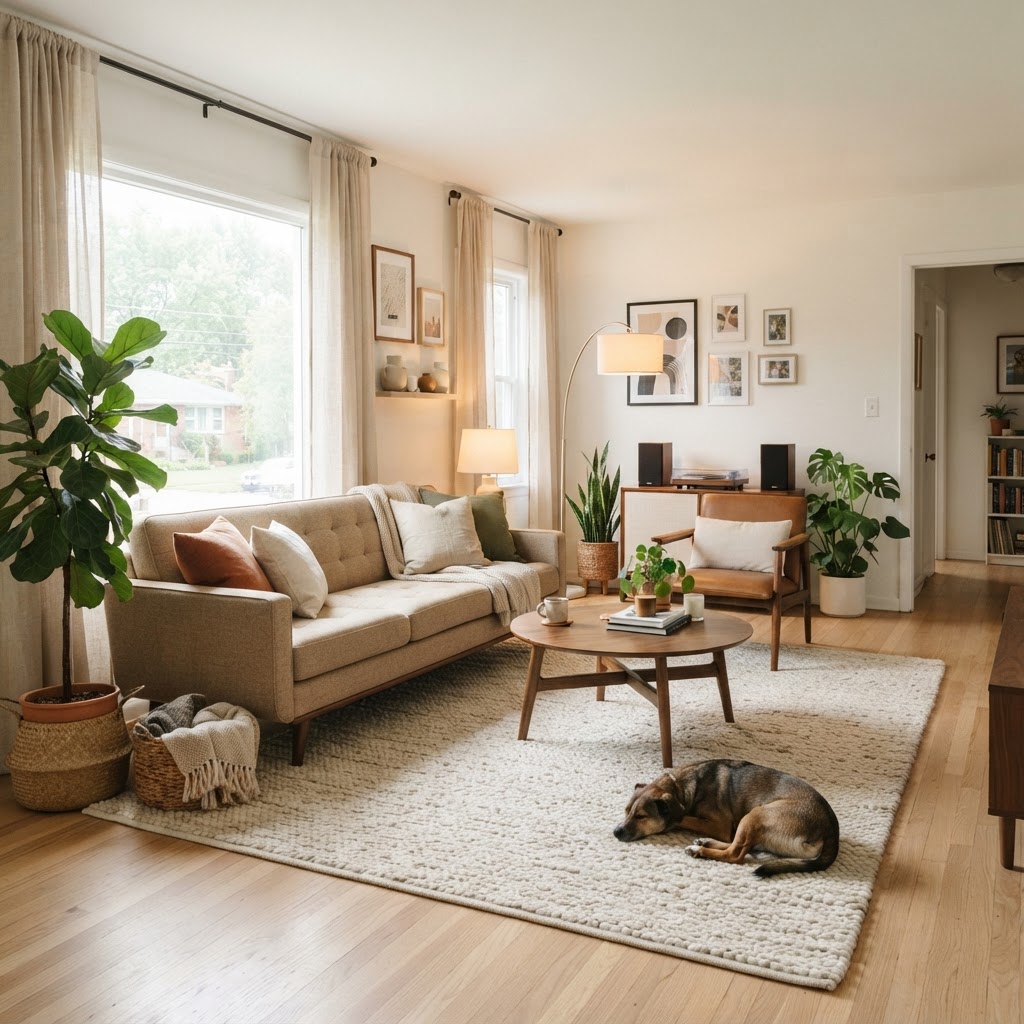 Transform your living room with a neutral area rug and elegant floor-to-ceiling curtains.