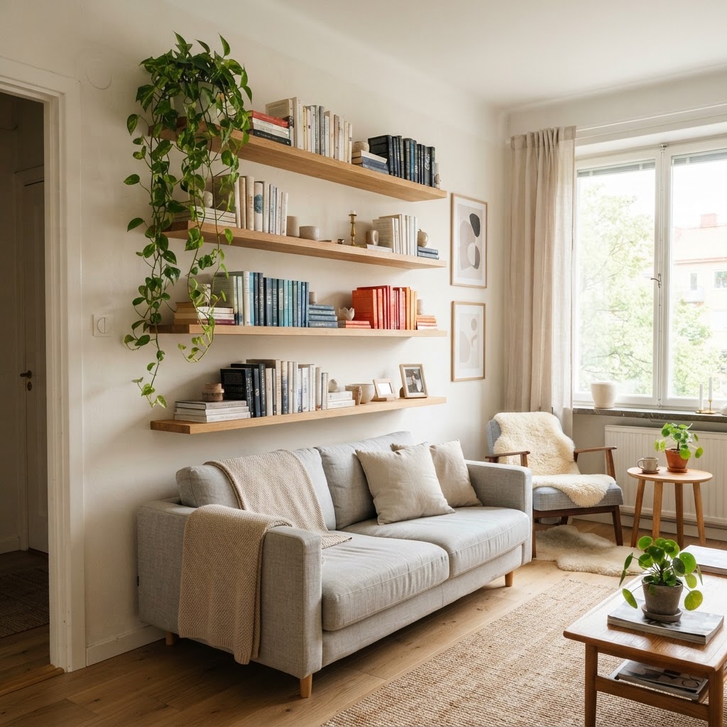 Long, oak floating shelves create an airy, organized library.