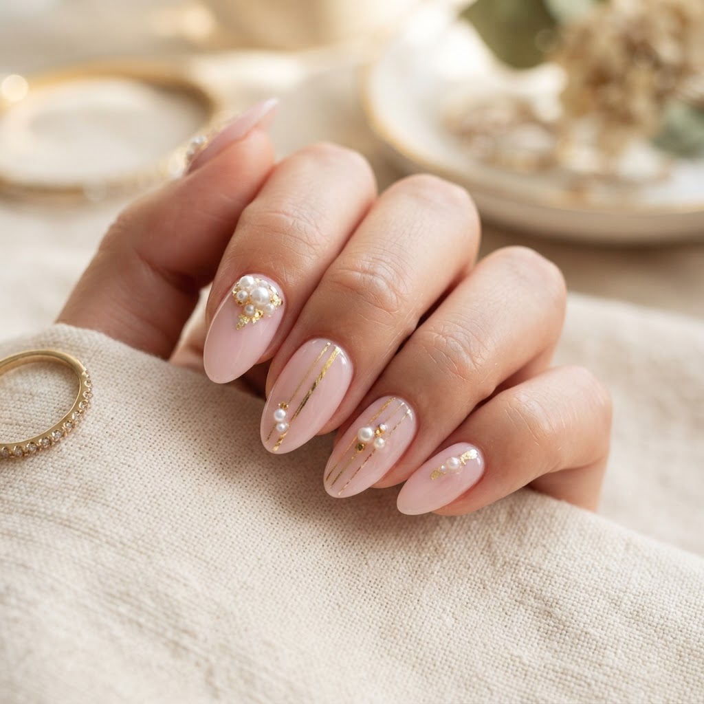 Elegant pearl and gold accents on soft pink nails.