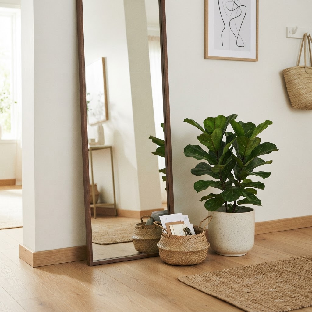 Reflective surfaces and plants add life and depth to small entryways.