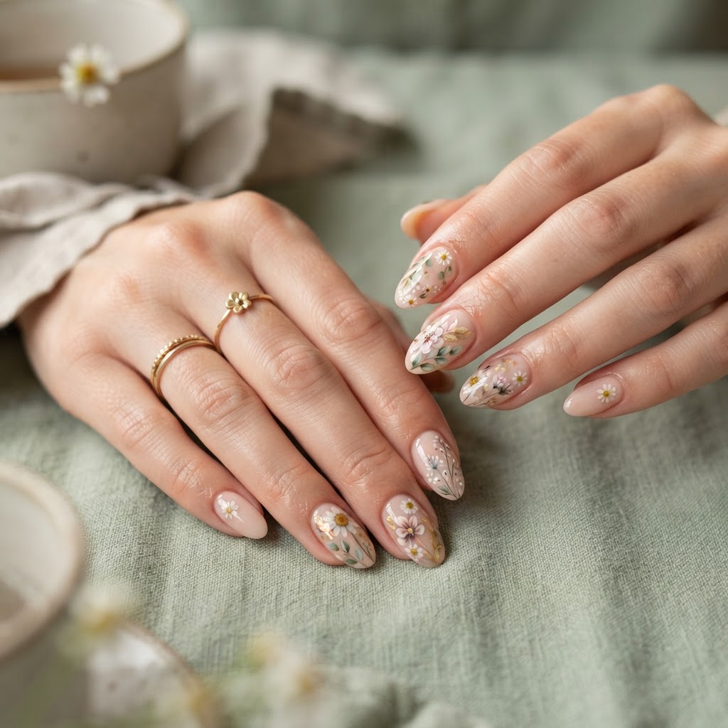Cottagecore floral nail art for a spring look.