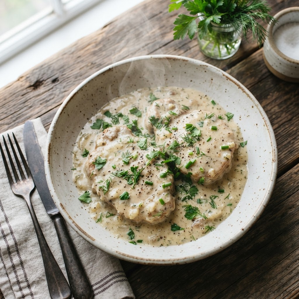 Creamy ranch slow cooker pork chops served fresh.