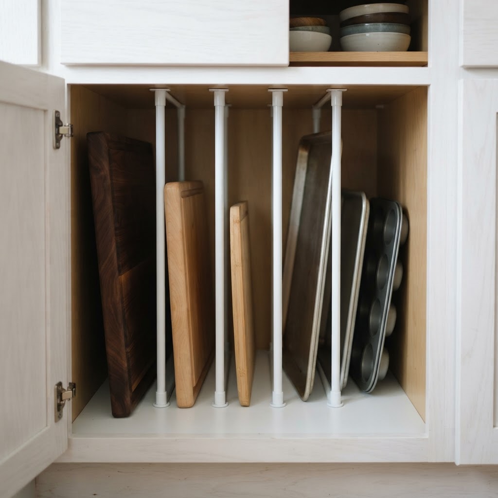 Tension rods make excellent DIY drawer dividers for kitchen tools.