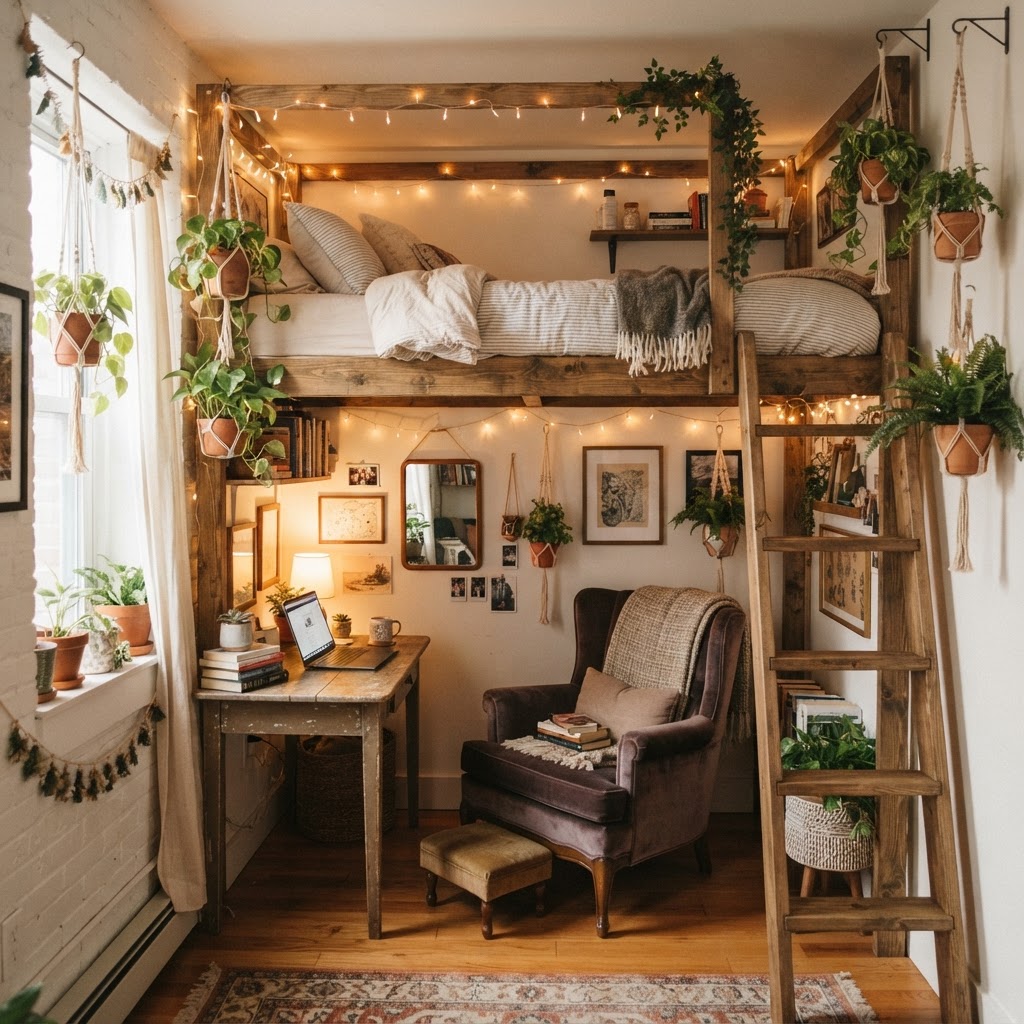 A functional loft setup that utilizes vertical height to create a multi-purpose room.