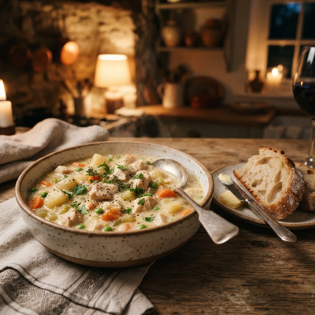 Hearty chicken stew served for a cozy dinner.