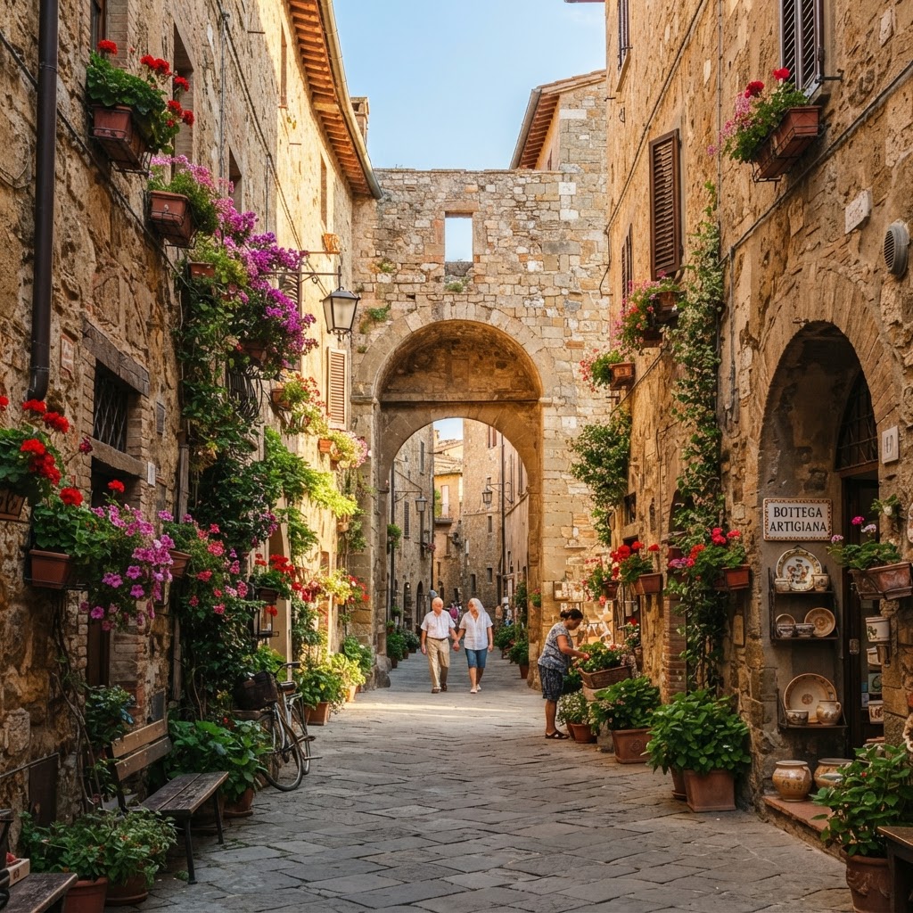 The charming, flower-lined streets of Pienza capture the essence of Renaissance Italy.